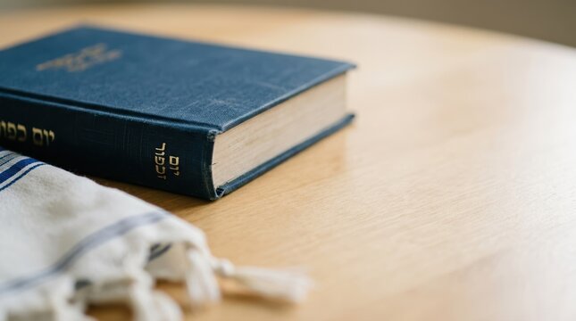 Blue Hebrew prayer book and tallit shawl on a wooden table representing Jewish tradition spirituality faith and holiday customs for Yom Kippur worship and religious study