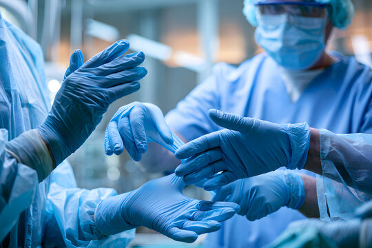 A sterile surgical nurse participates in a surgeon's attire for sterile gloves in a contemporary hospital operating room, ensuring adherence to strict hygiene rules prior to commencing a medical proce