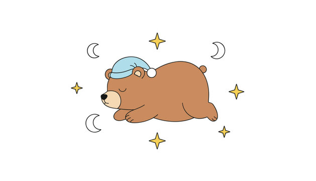 Sweet brown bear wearing a blue nightcap sleeping peacefully surrounded by glowing stars and crescent moons.