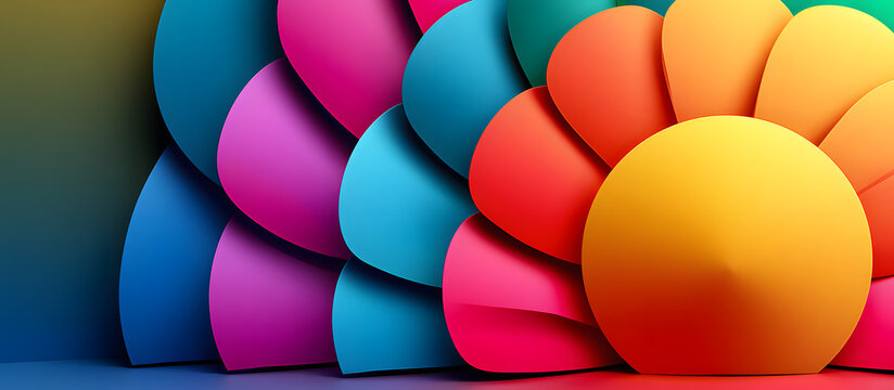 Aesthetic 3D depiction of a rainbow-striped disc positioned in a semi-circular fan formation with a geometric pattern. Abstract design suitable for a tech, media, and creative modern project.