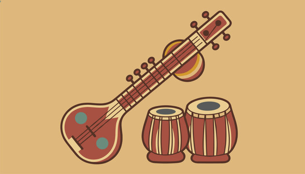Traditional Indian musical instruments featuring a detailed sitar and a pair of tabla drums on beige.