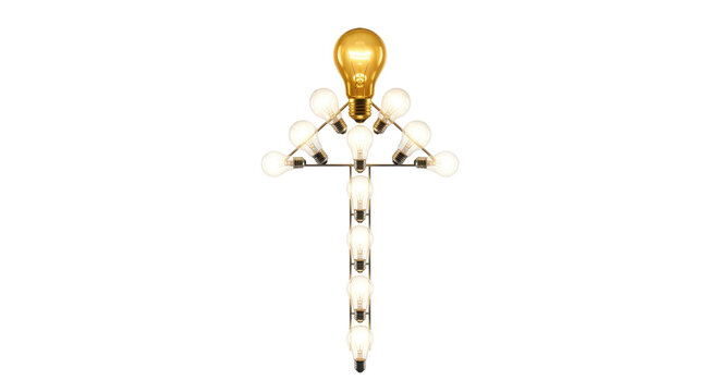 Abstract glowing figures with golden lightbulb heads falling diagonally against a clean white background.
