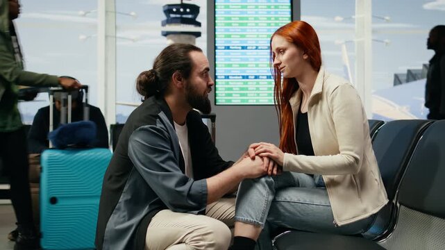 Happy couple cuddles and holds hands before a flight at the airport, expressing affection and intimate emotional connection as boyfriend and girlfriend wait for departure during a romantic holiday.