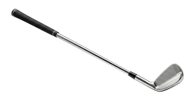 Professional golf iron club isolated on white background, polished steel golf club with black rubber grip, athletic sports equipment for golfing