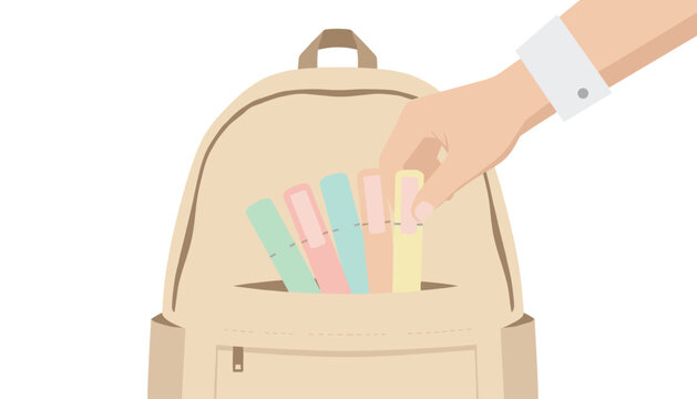 Hand reaching into an open beige school backpack to pick a colorful highlighter pen.