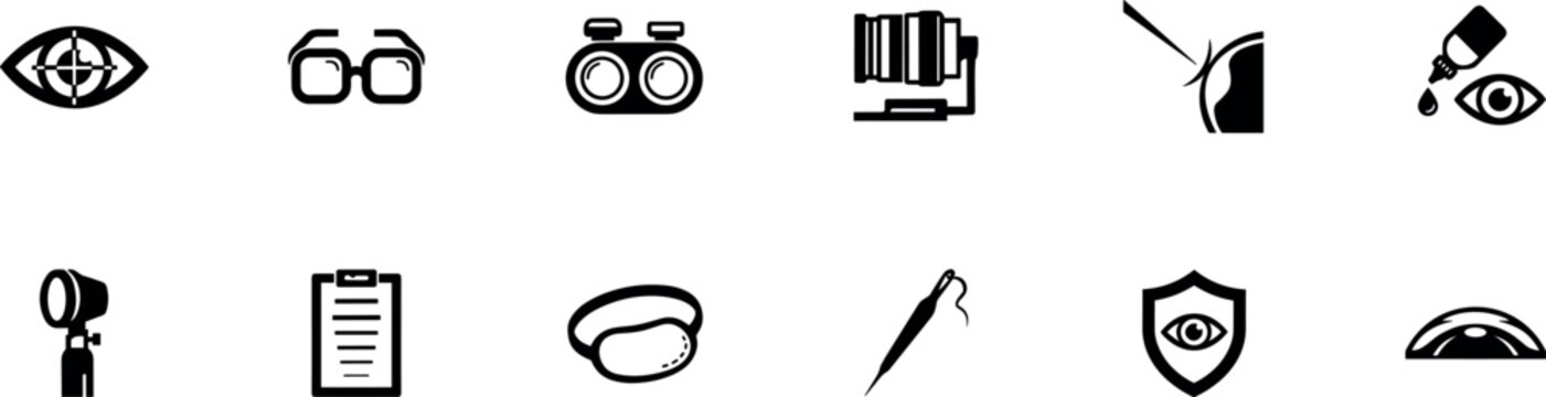 Vector set of black optometry and ophthalmology icons featuring glasses eye drops phoropter laser surgery and shield