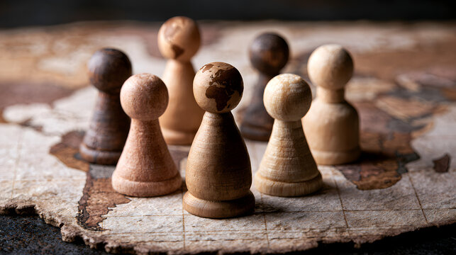 Pawns made of wood on a world map indicate geopolitical strategy, economic influence, pressure from sanctions, and political authority among nations.