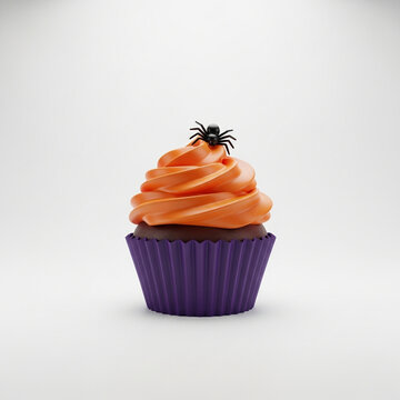 Halloween cupcake with orange frosting and spider decoration