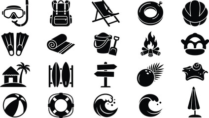 Summer Beach Vacation and Camping Outdoor Recreation Black Silhouette Icon Collection Set © MdRobiul