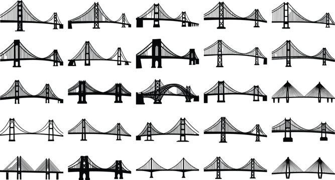 Suspension and Cable Stayed Bridge Silhouette Collection with Modern Bridge Vector Icons for Infrastructure Design Set