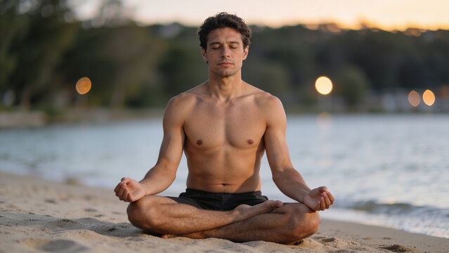 Young man meditating peacefully on beach at sunset