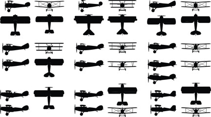 Vintage Biplane Aircraft Silhouette Collection with Classic Airplane Views Aviation Vector Set for Transportation Design © MdRobiul