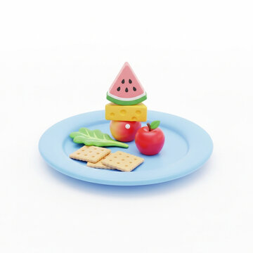 Playful food stack on a blue plate
