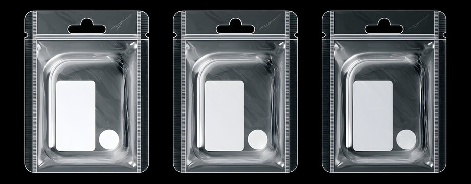 A set of miniature, see-through, clear plastic baggies with perforations, a sealing line, and a blank white sticker for pricing, suitable for retail product displays or merchandise overlays. PNG polyt