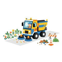 Fototapeta premium A cheerful driver operates a yellow street sweeper truck, cleaning fallen leaves from a road bordered by vibrant flowers and construction barriers.
