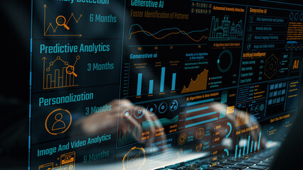 Fototapeta premium A modern desktop screen showcases advanced data analytics and artificial intelligence insights with vibrant graphs and metrics, highlighting business performance strategies. Cipher
