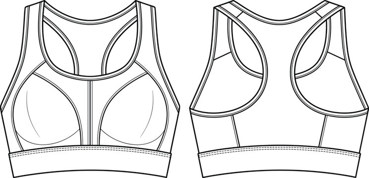 Women's Racerback Sports Bra Mockup Front and Back View Technical Activewear Vector Apparel Template Illustration