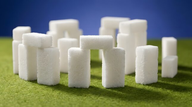 White sugar cubes arranged on green surface