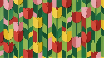 Vibrant paper tulips in red, yellow, pink bloom against geometric green stripes. © YiuCheung