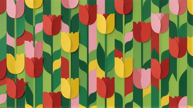 Vibrant paper tulips in red, yellow, pink bloom against geometric green stripes.