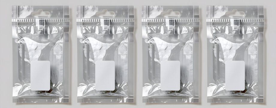 Set of small transparent plastic packaging bags with hanging holes, seal line, and blank white price sticker, isolated mockup for retail product display or merchandise overlay. PNG polythene packaging