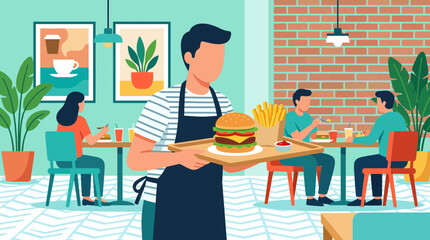 Fototapeta premium Waiter Serving Burger and Fries in Modern Cafe with Customers Dining