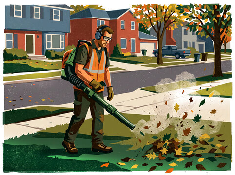 landscaper at suburban home using leaf blower Graphic poster style illustration