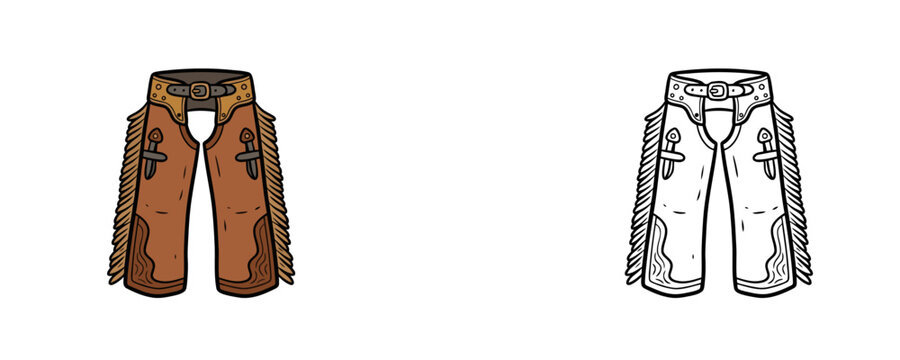 Western leather chaps illustration in flat cartoon style with brown colors and fringe detailing used for horseback riding isolated on white background