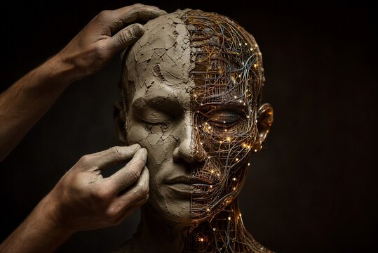 Hands sculpting human head made of clay and glowing digital wires
