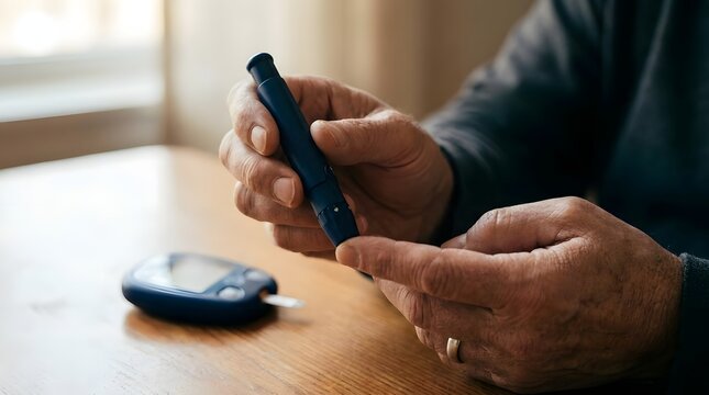 Elderly hands testing blood sugar with glucose meter