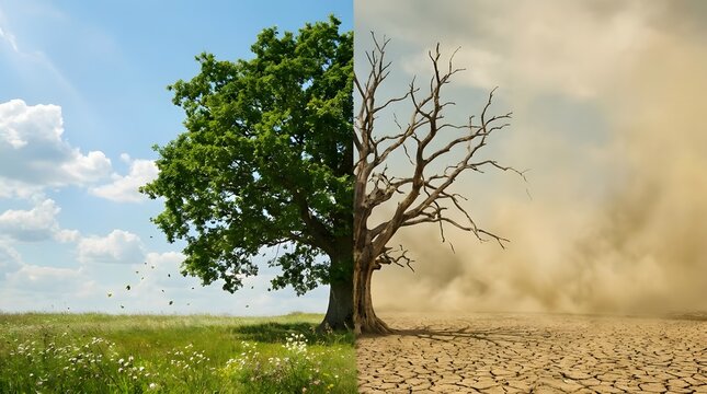 Green tree and dead tree in contrasting environments