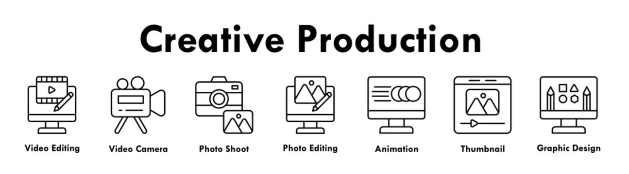 Creative Production banner web icon illustration concept with icon of video editing, video camera, photo shoot, photo editing, animation, thumbnail, and graphic design