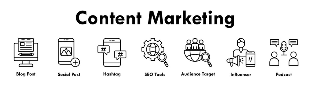 Content Marketing banner web icon illustration concept with icon of blog post, social post, hashtag, SEO tools, audience target, influencer, and podcast