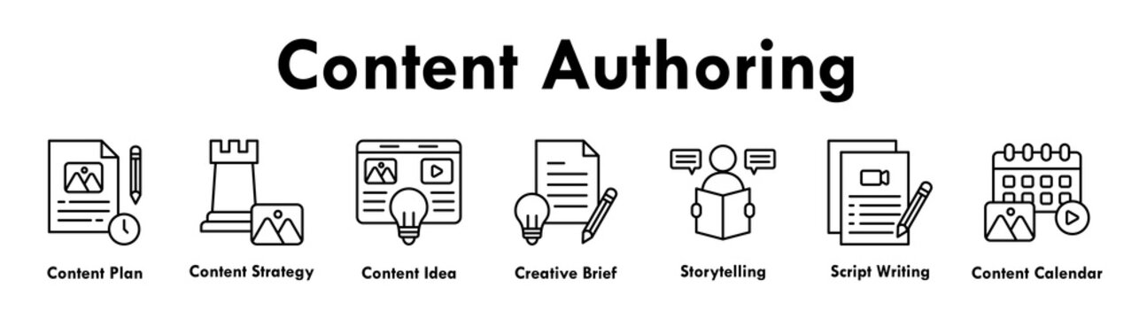 Content Authoring banner web icon illustration concept with icon of plan, strategy, idea, brief, storytelling, script writing, and calendar