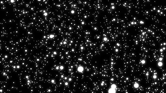 High-quality abstract animation featuring thousands of glowing white particles floating across a black background. Ideal for snowfall effects, dust overlays, bokeh, stars, magical atmospheres, festive