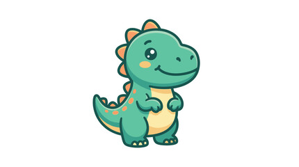 Fototapeta premium Cute green cartoon dinosaur mascot standing on white background.