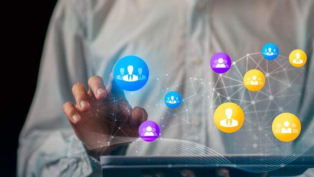IT manager strengthens connection, network, communication, collaboration, connectivity, organization, technology, integration, teamwork through a digital interface for efficient business networking.