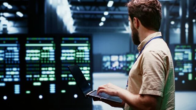 Engineer prepares recovery documentation in a data center, connecting backup procedures, service restoration and continuity planning.