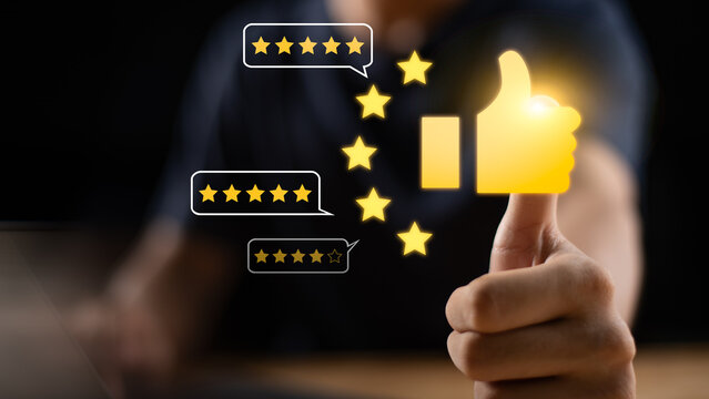 Customer success managers leverage five-star customer reviews, positive feedback, customer satisfaction, brand trust, service quality, online reputation, customer loyalty, consumer experience.
