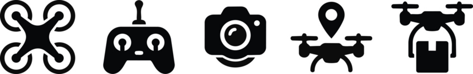Set of five flat design drone and technology icons with game controller and camera © Kayem