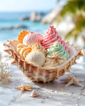 Helado de fantas&iacute;a sobre una concha marina y en la playa.
