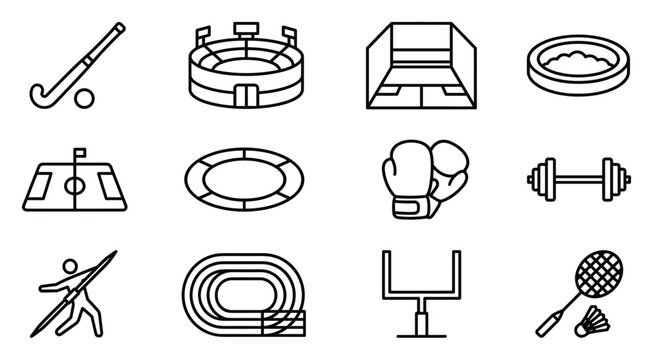 Sports and fitness equipment vector set, hockey stick boxing ring stadium swimming pool gloves dumbbell running track badminton racket line art icons for athletic gym and tournament design use