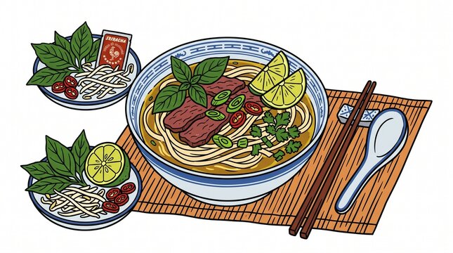 Delicious Spicy Noodle Soup with Fresh Herbs and Lime Slices
