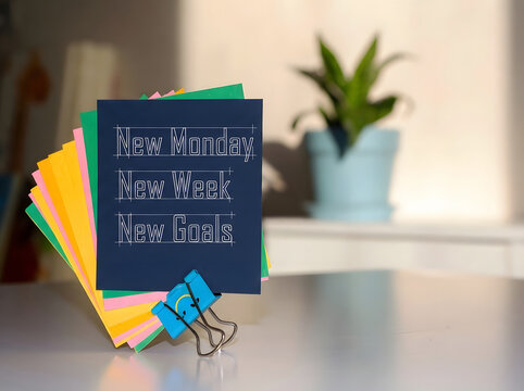 New Monday New Week New Goals Inspirational Motivation Quote On Navy Blue Sticky Note For Success Mindset And Weekly Productivity