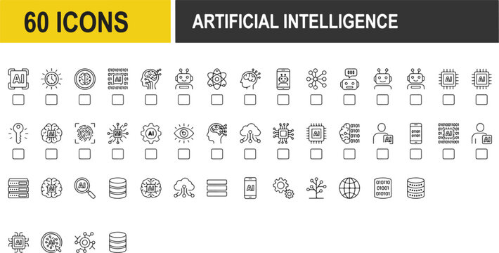 Set of 60 artificial intelligence concept outline icons for technology development with machine learning technology robotics automation software computing