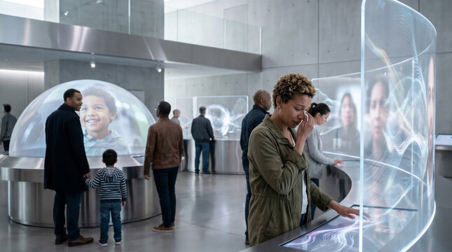 Visitors exploring a futuristic museum preserving digital memories through immersive technology, emotional reactions in a sleek exhibition space with holographic displays