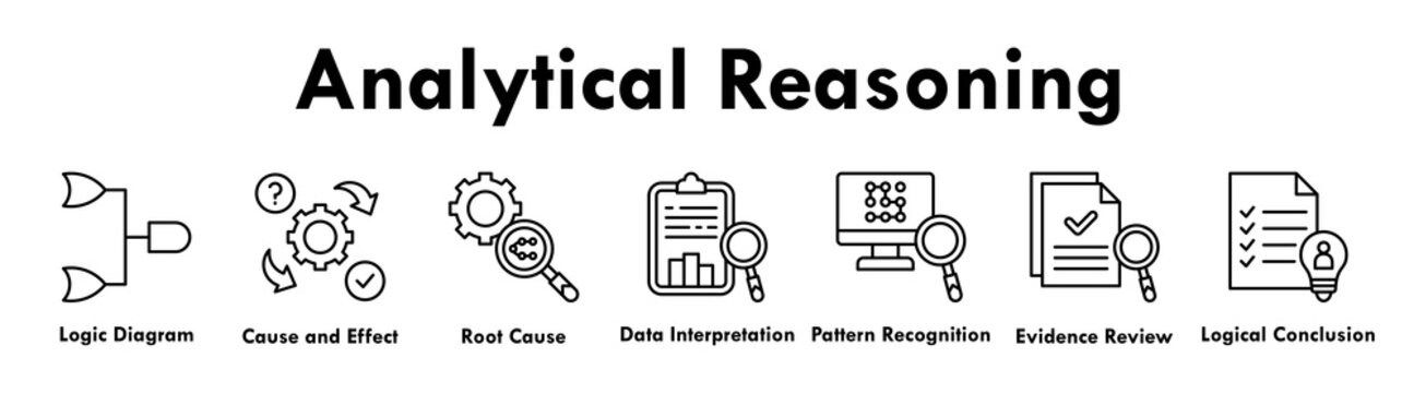 Analytical Reasoning banner web icon illustration concept with icon of logic diagram, cause and effect, root cause , data interpretation, pattern recognition, evidence review, and logical conclusion