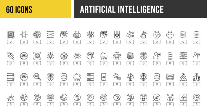 Collection of 60 artificial intelligence vector icons line style with artificial intelligence technology automation learning collection computer software