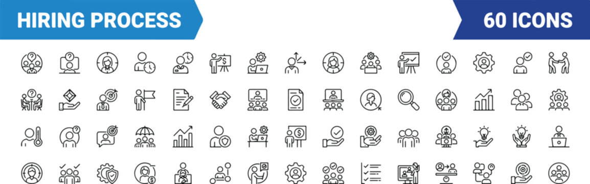 Icon set of 60 hiring process symbols for human resource web and print design with human resources recruitment employment interview business management