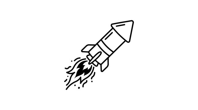 A simple black and white line art illustration of a cartoon rocket ship launching.